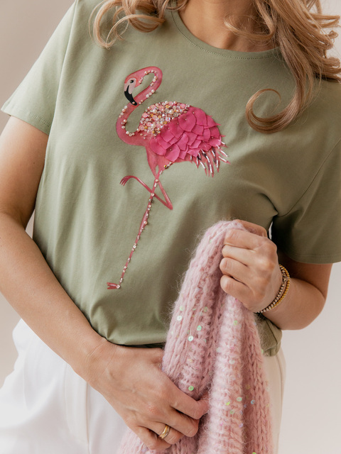 Футболка оливковая с фламинго