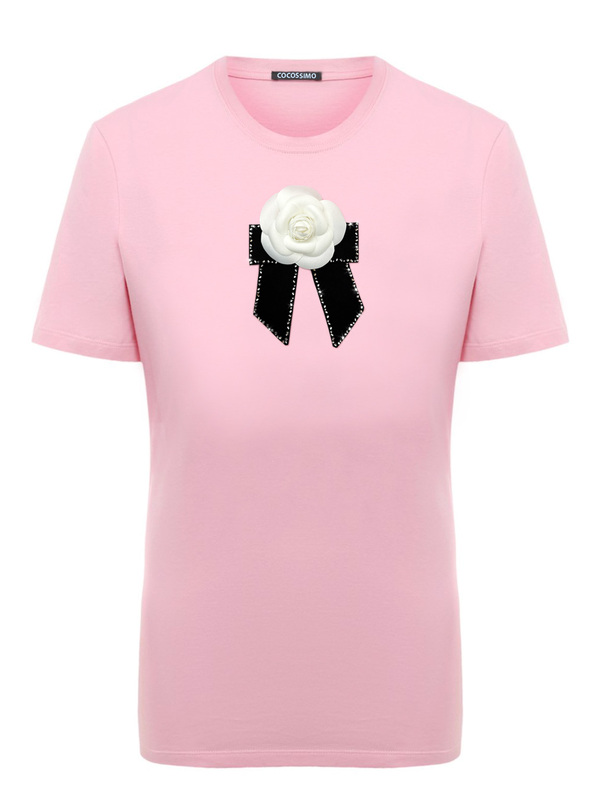 Розовая футболка с камелией в стиле Chanel